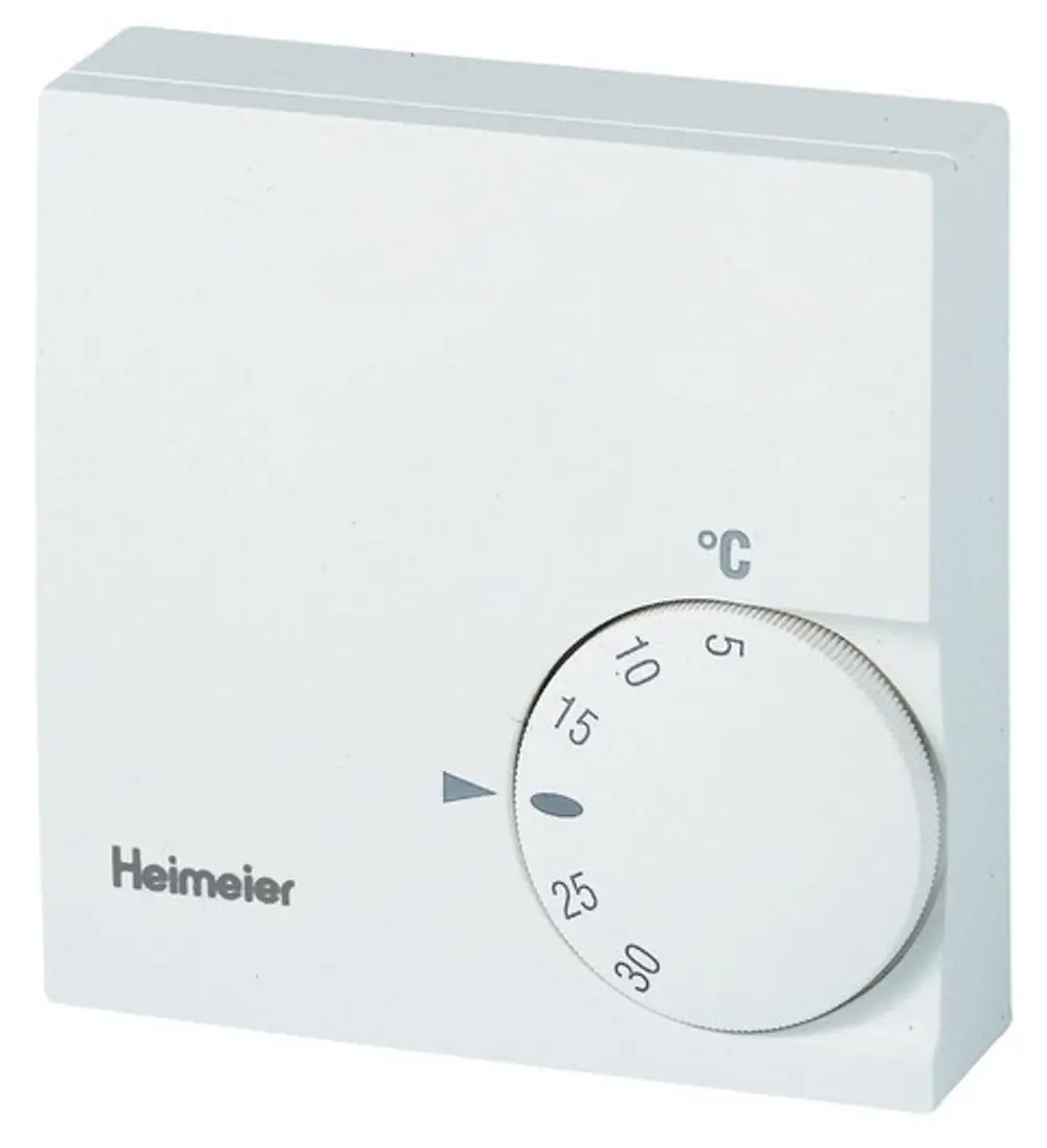 Weißes Raumthermostat mit Drehregler zur Temperatureinstellung, montiert an einer Wand. Produkt von IMI Hydronic Engineering. Temperaturbereich von 5 bis 30 °C.